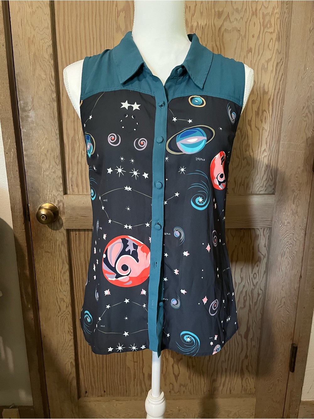 Modcloth Teal & Black Sleeveless Planet Print Button-Up Blouse